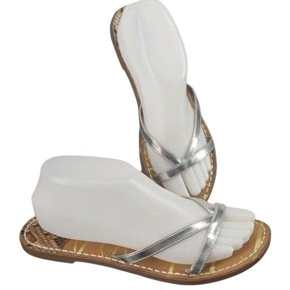 Sam and Libby Silver Thong Low Heel Snakeskin Sandals Flip Flops Size 8 - Picture 3 of 7